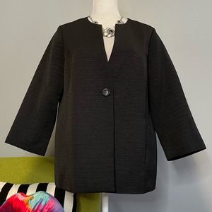 Eileen Fisher Black Collarless One Button Blazer Jacket